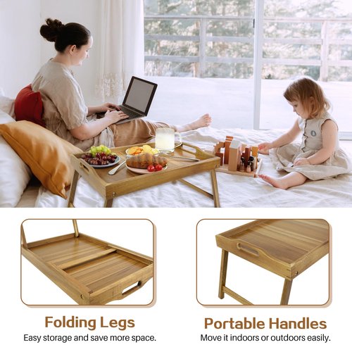 Utoplike Acacia Bed Tray Table for Eating, Large Breakfast Tray with Folding Legs, Wood Serving Trays for Laptop Working