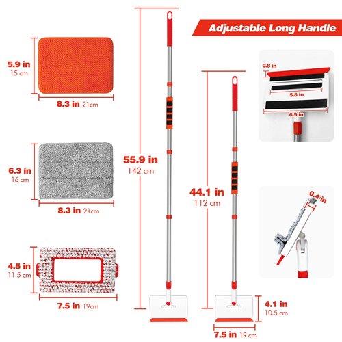 JEHONN Baseboard Cleaner Tool with Handle, 56 inches Base Boards Cleaning Mop Scrubber, 1 Stiff Bristles Brush, 2 Chenille and 2 Microfiber Pads, Wall Duster for Floorboard Ceiling Window Tile