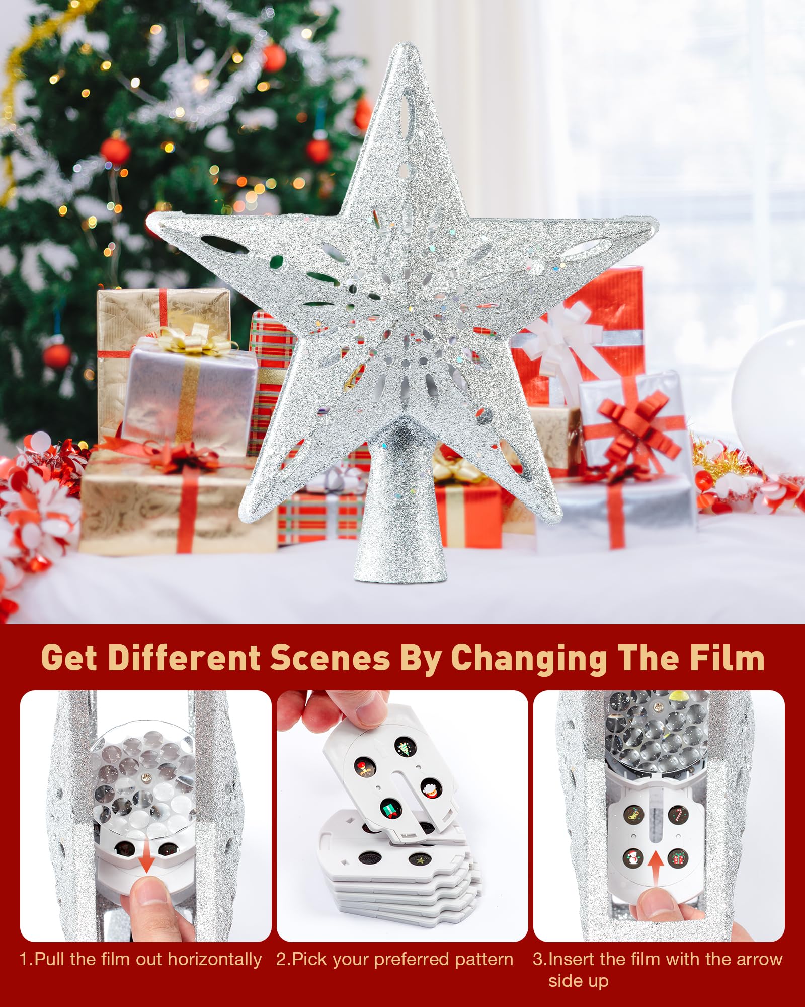 Christmas Tree Topper Lighted with 6 Patterns Projector, Christmas Star Tree Topper Built-in 3D Glitter LED Rotating Lights, Hollowed Christmas Tree Ornament for Xmas Party Holiday Decoration(Silver)