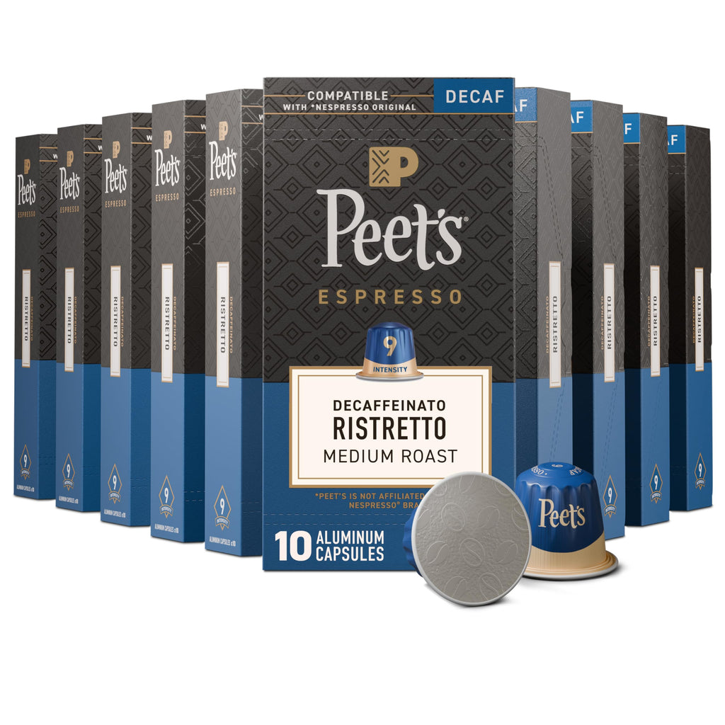 Peet's Coffee, Medium Roast Decaf Espresso Capsules, Compatible with Nespresso Original Machine, Decaffeinated Arabica Coffee - Decaf Ristretto Intensity 10, 100 CT (10 Boxes of 10 Espresso Capsules)