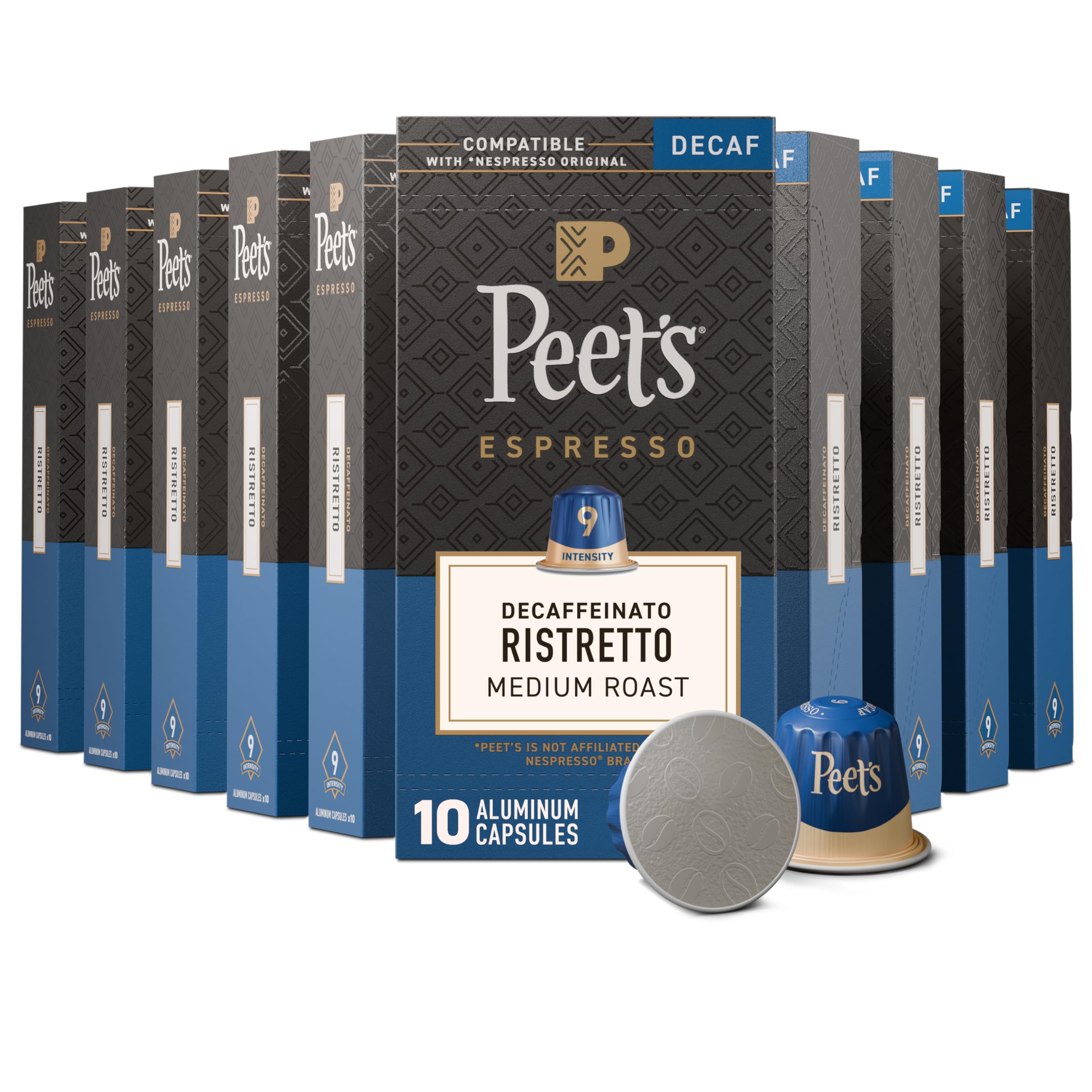 Peet's Coffee, Medium Roast Decaf Espresso Capsules, Compatible with Nespresso Original Machine, Decaffeinated Arabica Coffee - Decaf Ristretto Intensity 10, 100 CT (10 Boxes of 10 Espresso Capsules)