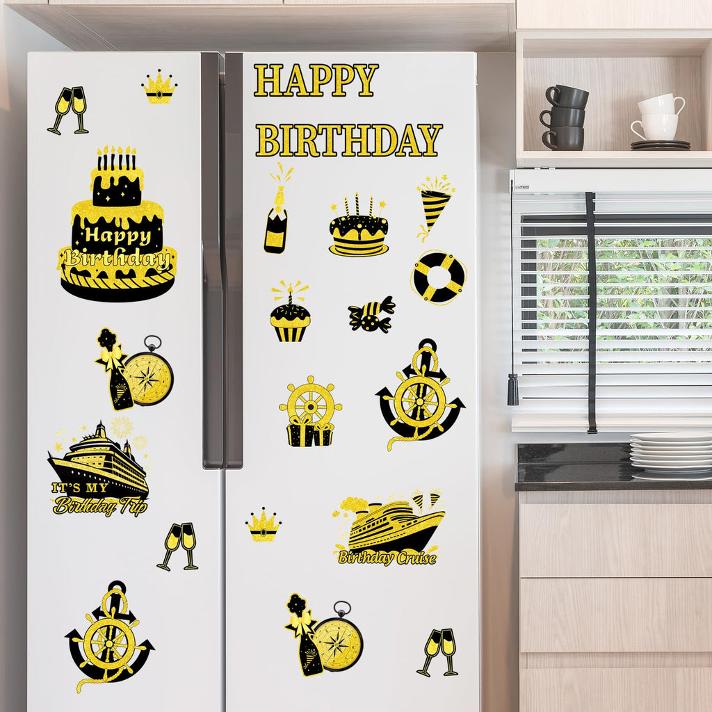 JarThenaAMCS Birthday Cruise Door Magnets Decoration Black Gold Happy Birthday Cruise Ship Magnetic Stickers for Cabin Ship Car Refrigerator Carnival Party Supplies, 16Pcs