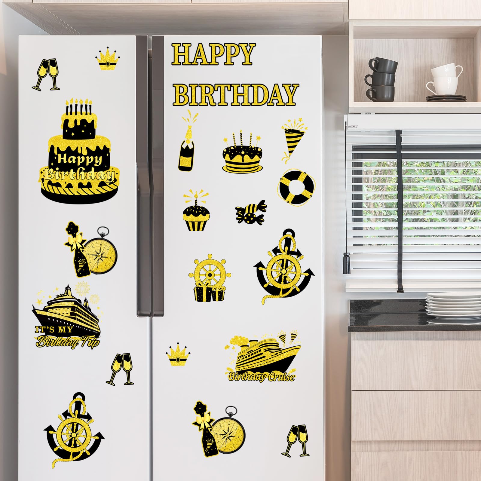 JarThenaAMCS Birthday Cruise Door Magnets Decoration Black Gold Happy Birthday Cruise Ship Magnetic Stickers for Cabin Ship Car Refrigerator Carnival Party Supplies, 16Pcs