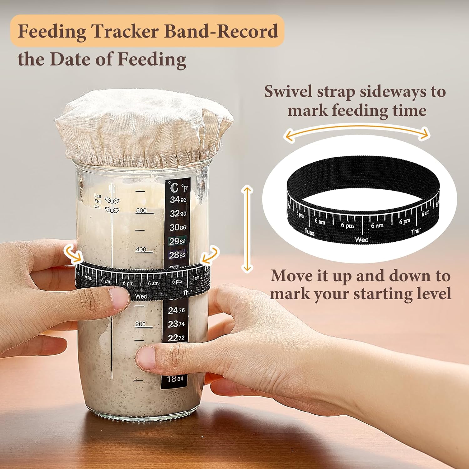 Skiennix Glass Sourdough Starter Jar Kit - 24 oz Wide Mouth with Date Marked Band & Thermometer