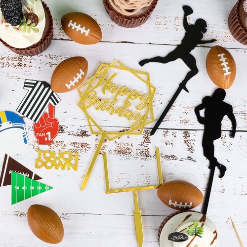 28 Pieces Football Cake Topper Football Players Cupcake Toppers Rugby Ball Happy Birthday Cake Picks Sports Theme Cake Decorations for Game Day Birthday Party Baby Shower Supplies