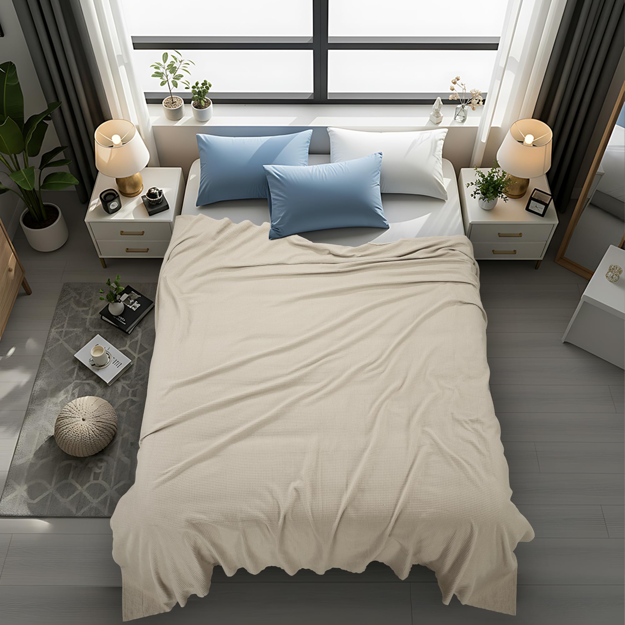 Utopia Bedding Khaki Waffle Blanket Queen Size Soft Lightweight Breathable Cotton Blend Bed Blanket for All Seasons Luxury Throws for Bed Couch and Sofa