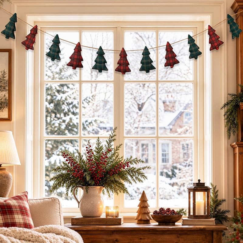 Christmas Garland Banner with Red & Green Plaid Trees for Mantle - Farmhouse Decor