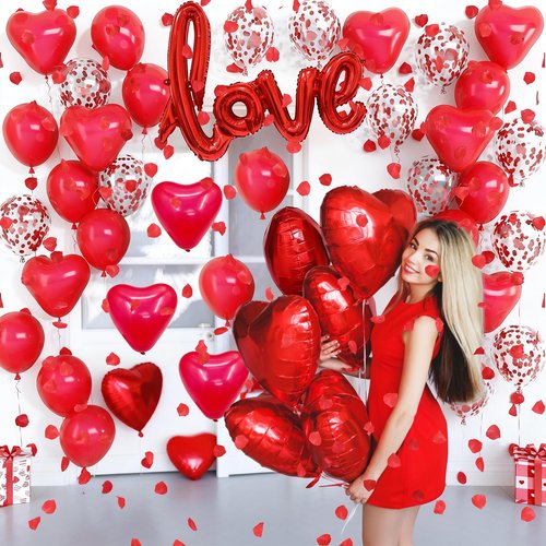 Red Heart Balloons Love Balloon Valentines Day Balloons Decorations Red Heart Shaped Confetti Latex Balloon with Rose Petals for Romantic Valentine Bridal Shower Wedding Special Night Party Decoration