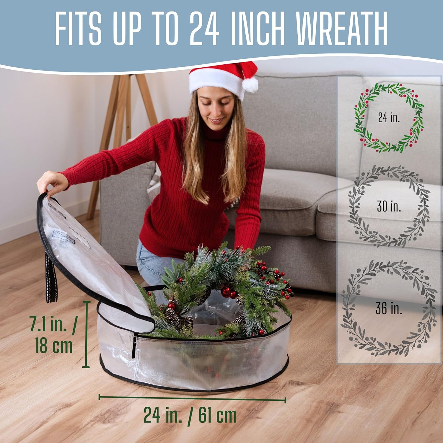 VENO Wreath Storage Container - 24 Inch Heavy-Duty Clear Bag with Wall Hanging Handles | 4 Pack