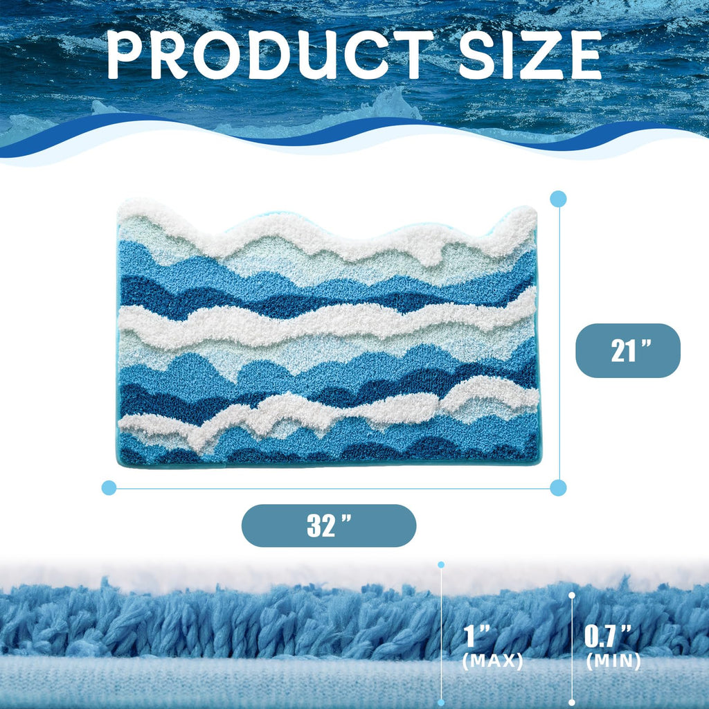 Moutina 3D Ocean Wave Bathroom Rugs Blue 21x32 Inch, Soft and Absorbent Tufted Beach Bath Mat Non Slip Washable, Coastal Nautical Decor for Bathroom Bedroom