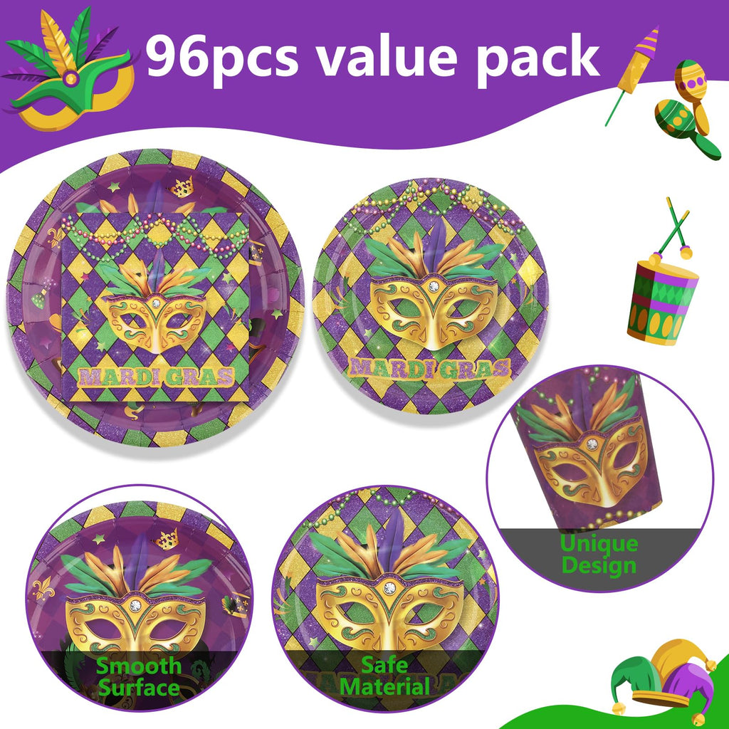 Arosche Mardi Gras Decorations Party Supplies Set for 24-Disposable Paper Plates and Napkins, Cups, New Orleans Masquerade Beads Holiday Tableware Party Decorations for Fat Tuesday Party Table Decor