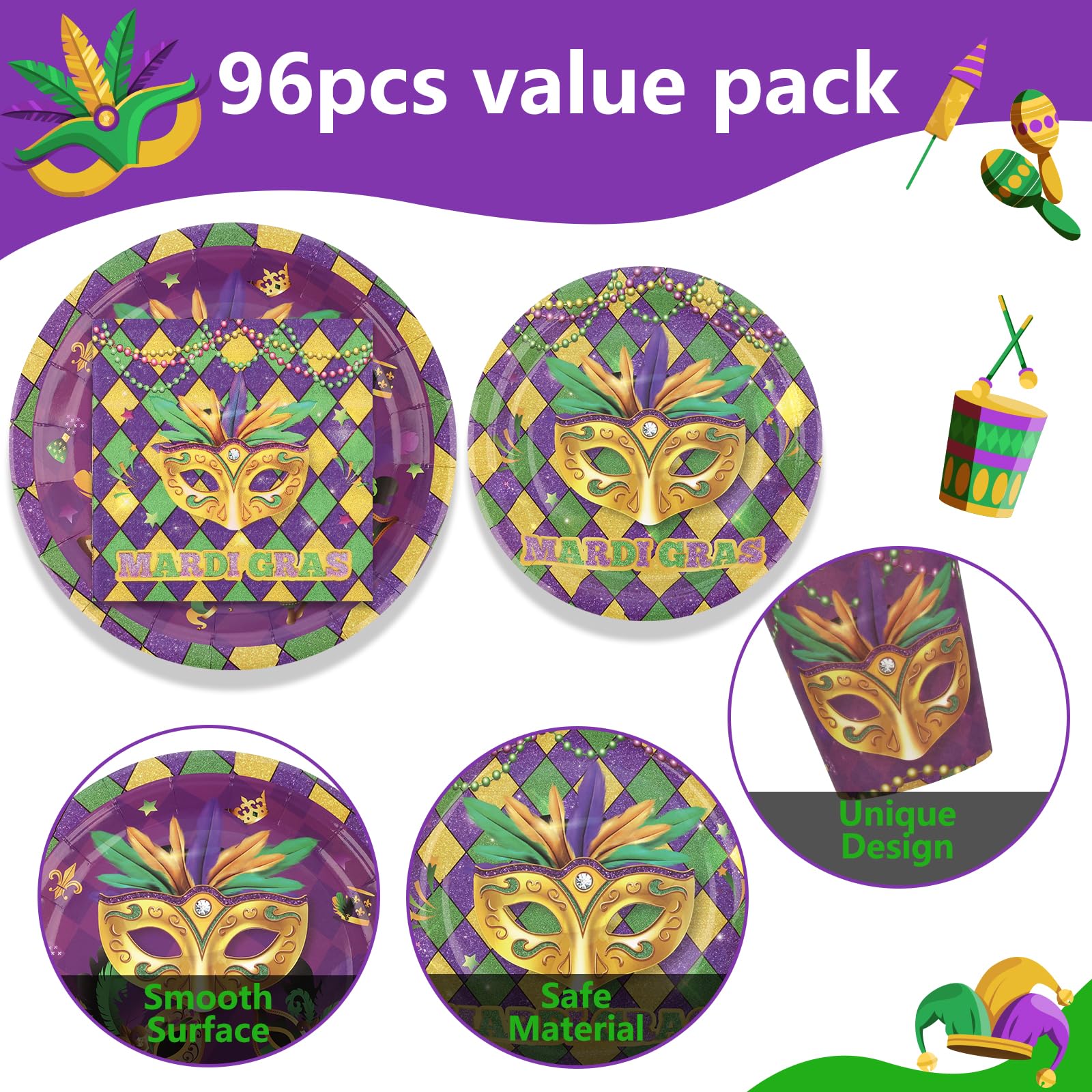 Arosche Mardi Gras Decorations Party Supplies Set for 24-Disposable Paper Plates and Napkins, Cups, New Orleans Masquerade Beads Holiday Tableware Party Decorations for Fat Tuesday Party Table Decor