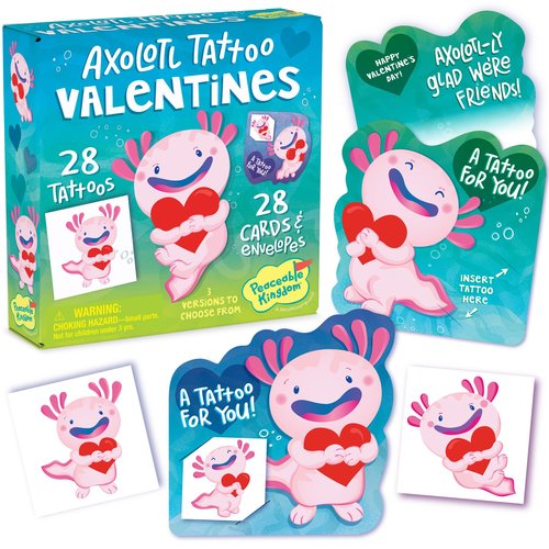 Peaceable Kingdom Valentines Box for Kids, Valentines Day Box Kit for Valentine Cards for Kids Classroom - Axolotl Tattoo