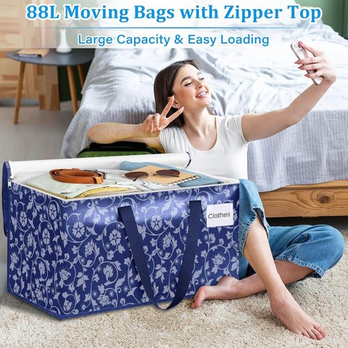 HomeHacks Extra Large Moving Bags - Heavy Duty Luggage with Smooth Zipper & Sturdy Handles | 88L Capacity, 10-Pack, Blue