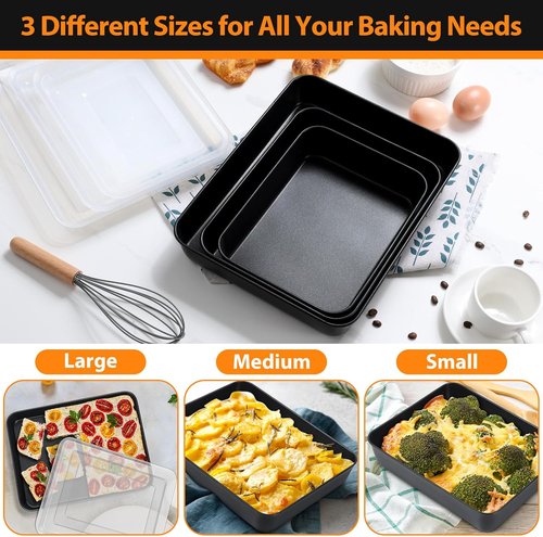 E-far Baking Pans Set of 3 - Nonstick Sheet Cake & Lasagna Pan with Lids | 12.5/10.5/9.4 Inch Metal Bakeware