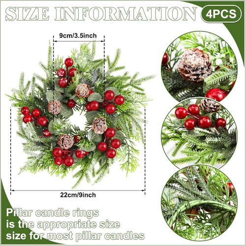 Lyrow Christmas Candle Rings - 4 Pcs Mini Wreaths with Artificial Berries & Snowy Pine | Holiday Decor