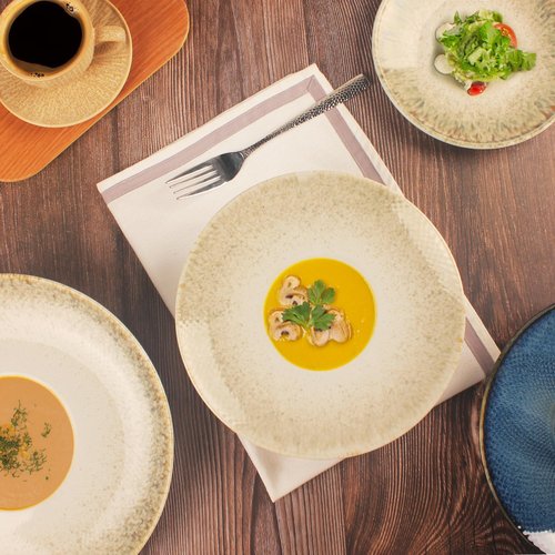 jinsongdafa Soup Bowls, Soup Plates, 7.1 oz,Porcelain Pasta Bowl Set of 4, Wide edge Shallow Bowl Plates, Rimmed Bowls with Rim, Best choice for high-end restaurants and foodies,Gradient beige11.6Inch