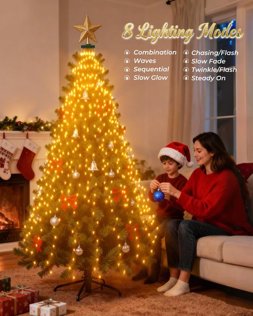 Christmas Tree Lights, 400 LED Cascading Twinkle Waterfall Lights with 8 Light Modes & Memory Function, 6.6FT x 16 Lines Outdoor Xmas Light for Christmas Tree Toppers Decoration - Warm White