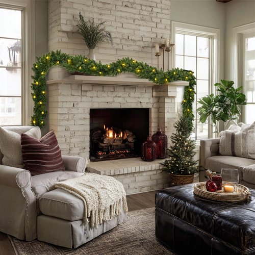 9ft Pre-lit Christmas Garland with 50 LED, 8 Lighting Modes Battery Powered & 6H Auto Timer, Waterproof 240 Branch Tips Prelit Garlands with Warm White Lights for Indoor Outdoor Holiday Decorations