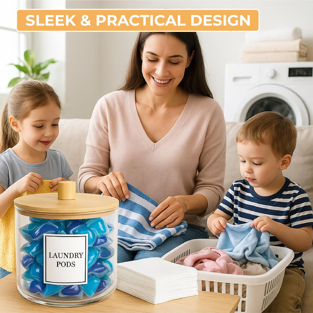 Just Peachy Home Laundry Pods Containers for Organizing Dryer Sheet Holder & Laundry Jars with Lids, Labels & Scoops - Acrylic Laundry Storage Containers for Powder, Pods, Detergent, Scent Booster