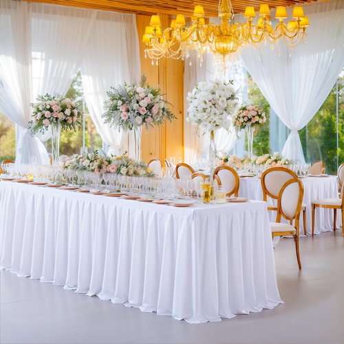 4 Pack White Rectangle Tablecloth 6 FT Stretch Spandex Fitted Table Cloth for 6 Foot Rectangle Tables Banquet Tablecloths Wrinkle Free Table Cover Stitch Ruffle Table Skirt for Party Wedding Birthday