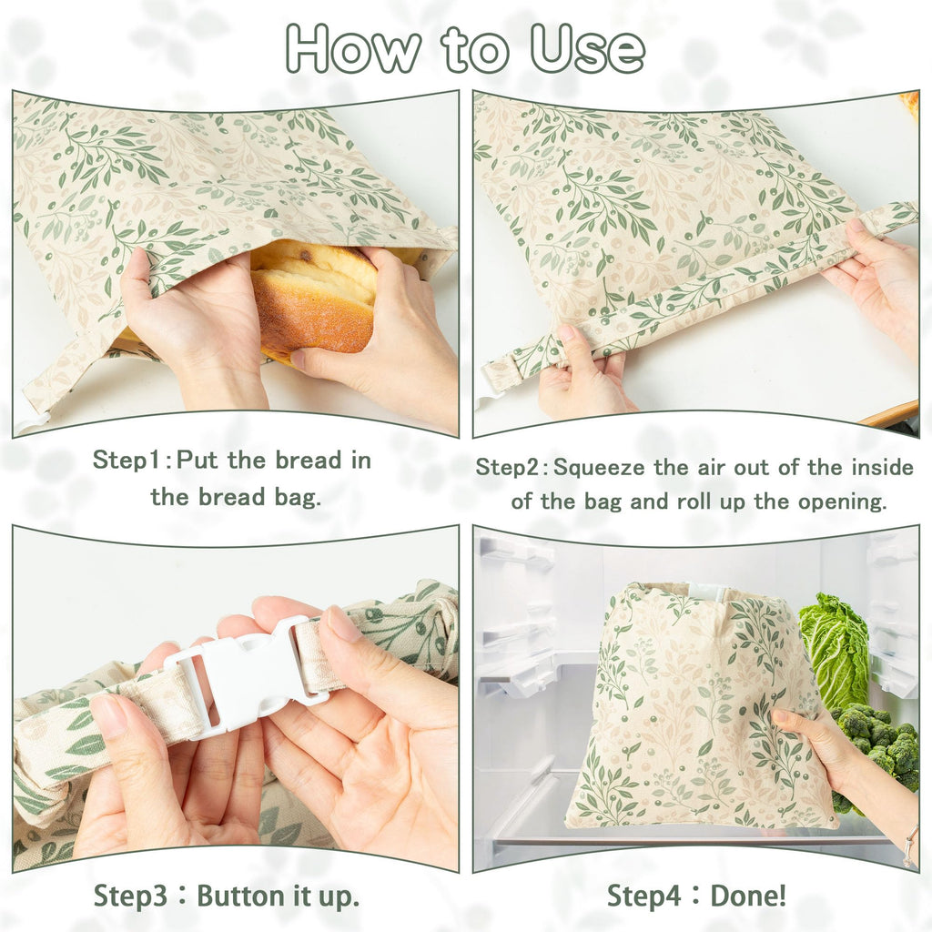 GQIRIL Reusable Beeswax Bread Bags - 2 Pack Bees Wax Food Bag, Homemade Sourdough Bread Storage, 2-in-1 Linen Cotton Large Freezer Container Home Baking Accessories with Lining (Green Leaf)