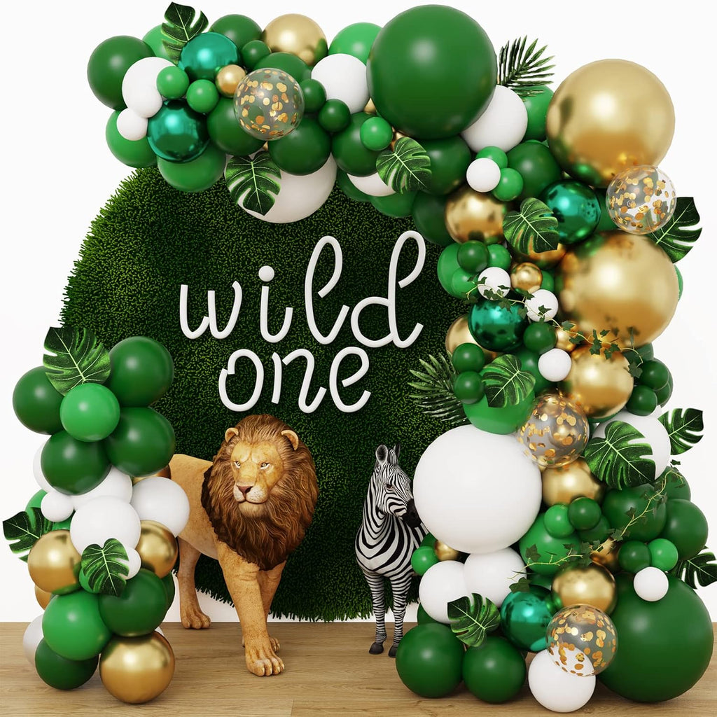 RUBFAC Jungle Balloons Garland Arch Kit - 152pcs Green & Gold Safari Decoration for Wild One Birthday