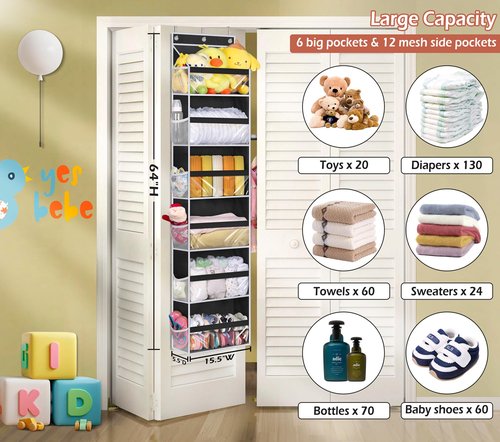 MISSLO Back of Door Storage Organizer Hanging with 6 Large Pockets 12 Side Pockets Closet Door Organizer Baby Organization for Bathroom, Pantry, Bedroom, Nursery, Clothes, Toys, Diapers, Black