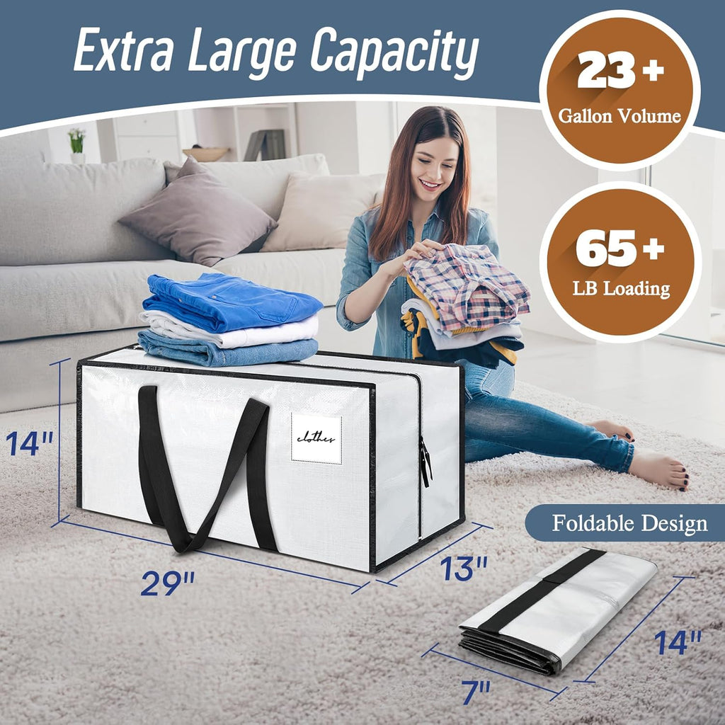 Skiennix 6 Pack Extra Heavy Duty Moving Bags - Strong Zipper & Comfortable Handles | Durable Storage Totes in White