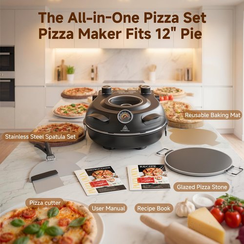 SENSCHEF 12 Inch CrustyBake Electric Pizza Oven – 800°F Indoor Countertop Cooker, Glazed Ceramic Stone for Crispy Crust, Dual Heat Control, 5-Min Pizzeria Pizza, Tools & Recipe Book Included