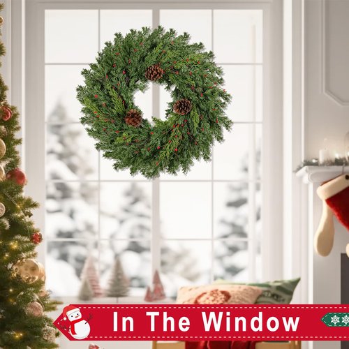 Real Touch Pine Christmas Wreath 24 Inch Christmas Wreaths for Front Door Winter Wreath Artificial Green Wreaths Outdoor Christmas Decorations Indoor Outside Window Home Holiday Thanksgiving
