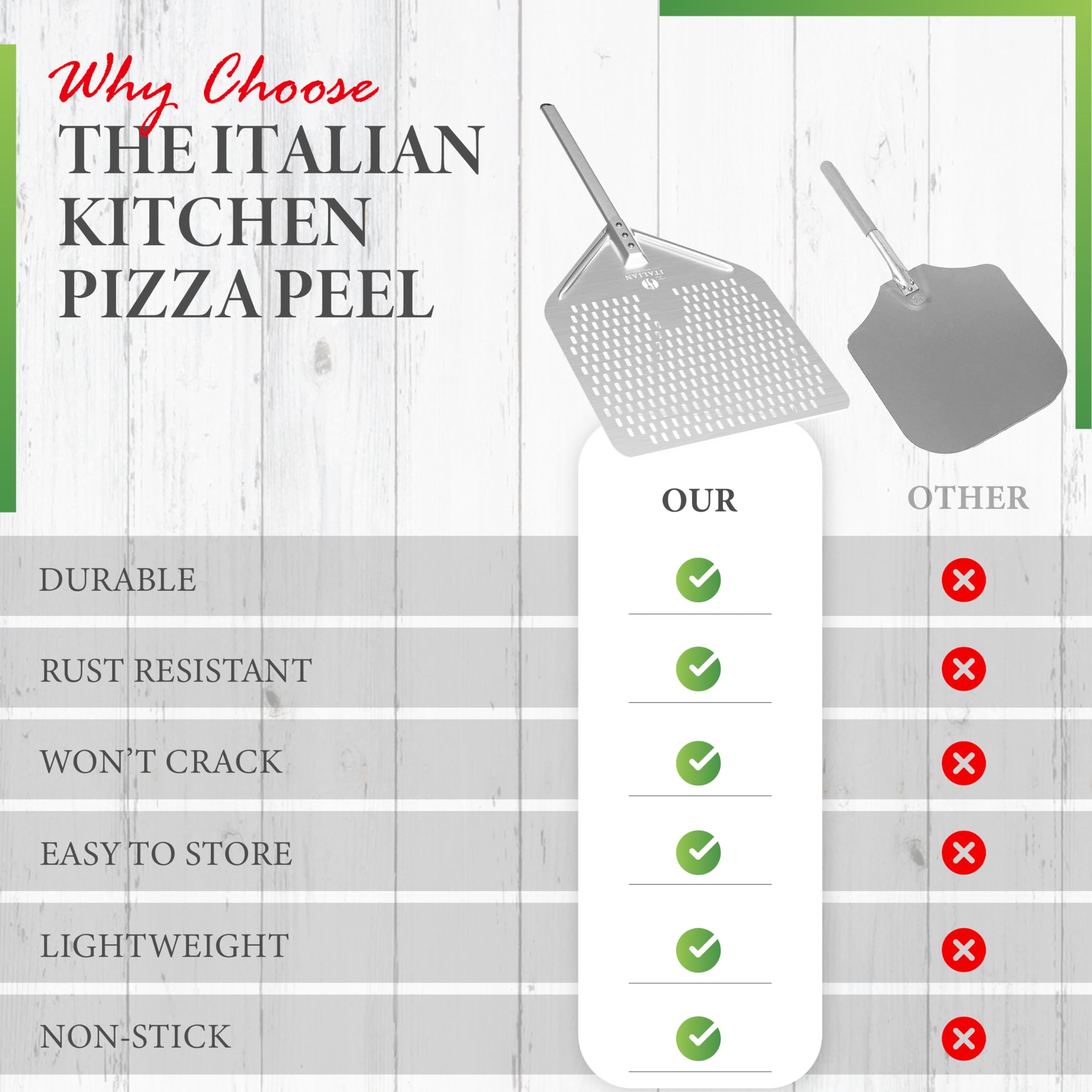 The Italian Kitchen Perforated Pizza Peel - Professional 13 x 16.7 Metal Pizza Peel Paddle - 27.3 Overall Aluminum Pizza Peel - Works With All Pizza Ovens, Stones & Grills Silver