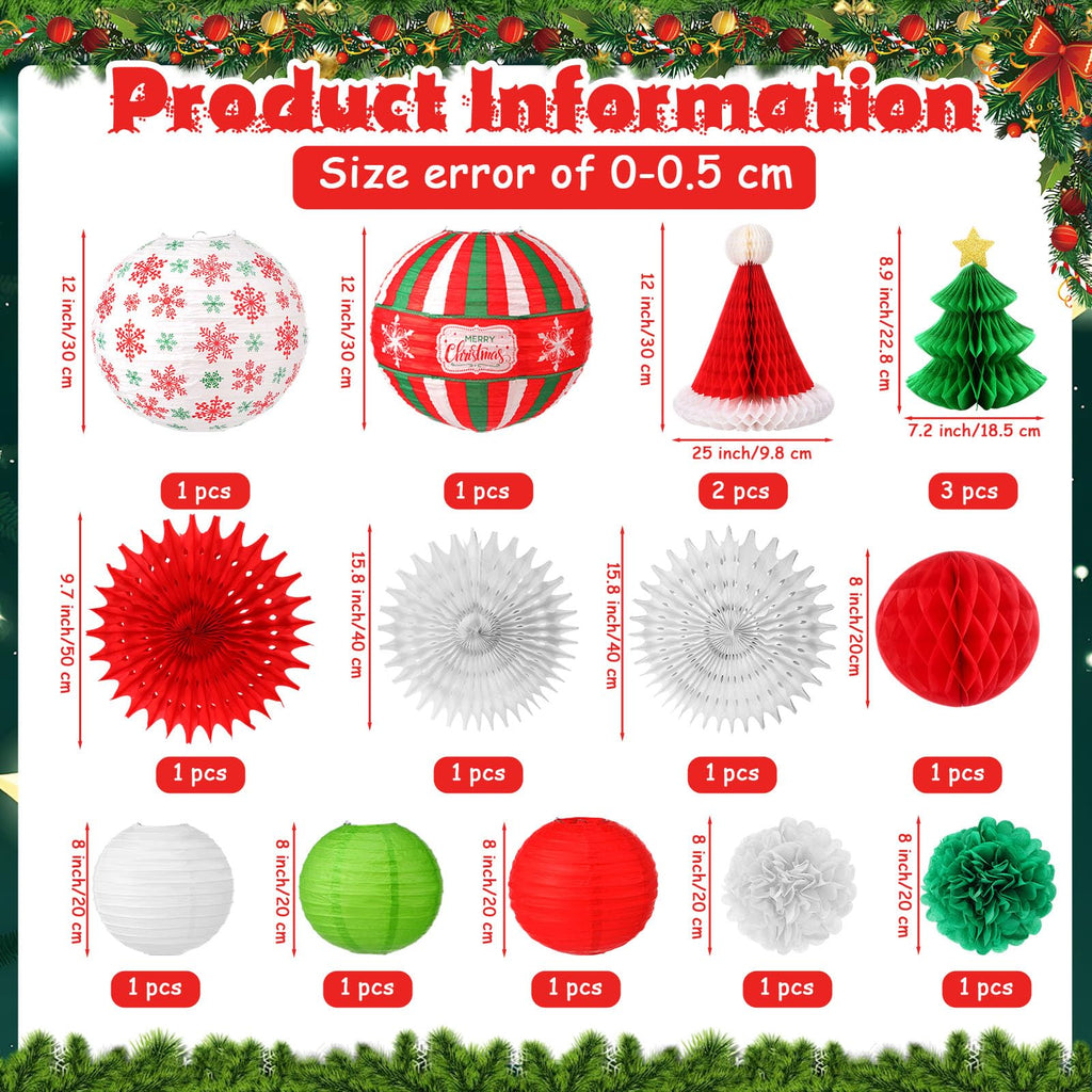Gilprop 17 Pcs Christmas Party Hanging Decorations Xmas Paper Lanterns Paper Winter Hanging Fans Christmas Honeycombs Paper Flower Balls for Xmas Holiday Party Yard Indoor Outdoor Home Decor Supplies