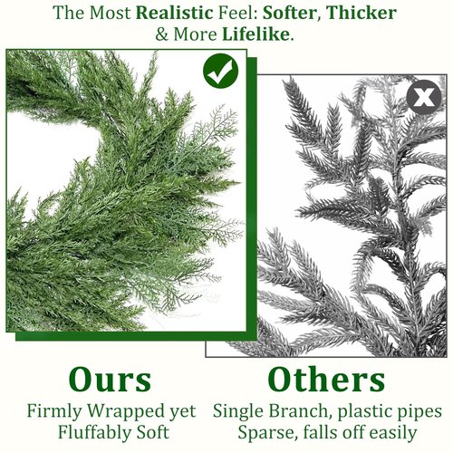Christmas Cedar Garland, 6 Ft by 10 Inch Real Touch Soft and Thick Green Faux Pine Garland Artificial 40 Cedar 50 Cypress for Home Decor Fireplace Wall Indoor Outdoor Holiday Party Decorations