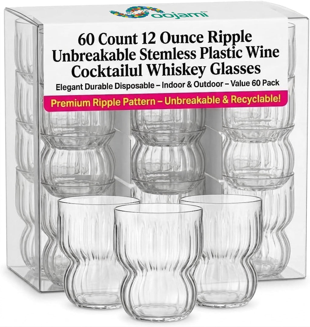 60 Count 12 Ounce ripple Unbreakable Stemless Plastic Wine Cocktail Whiskey Glasses Elegant Durable Disposable Indoor Outdoor Ideal for Home, Office, Bars, Wedding, Holiday, Celebrations, Tasting