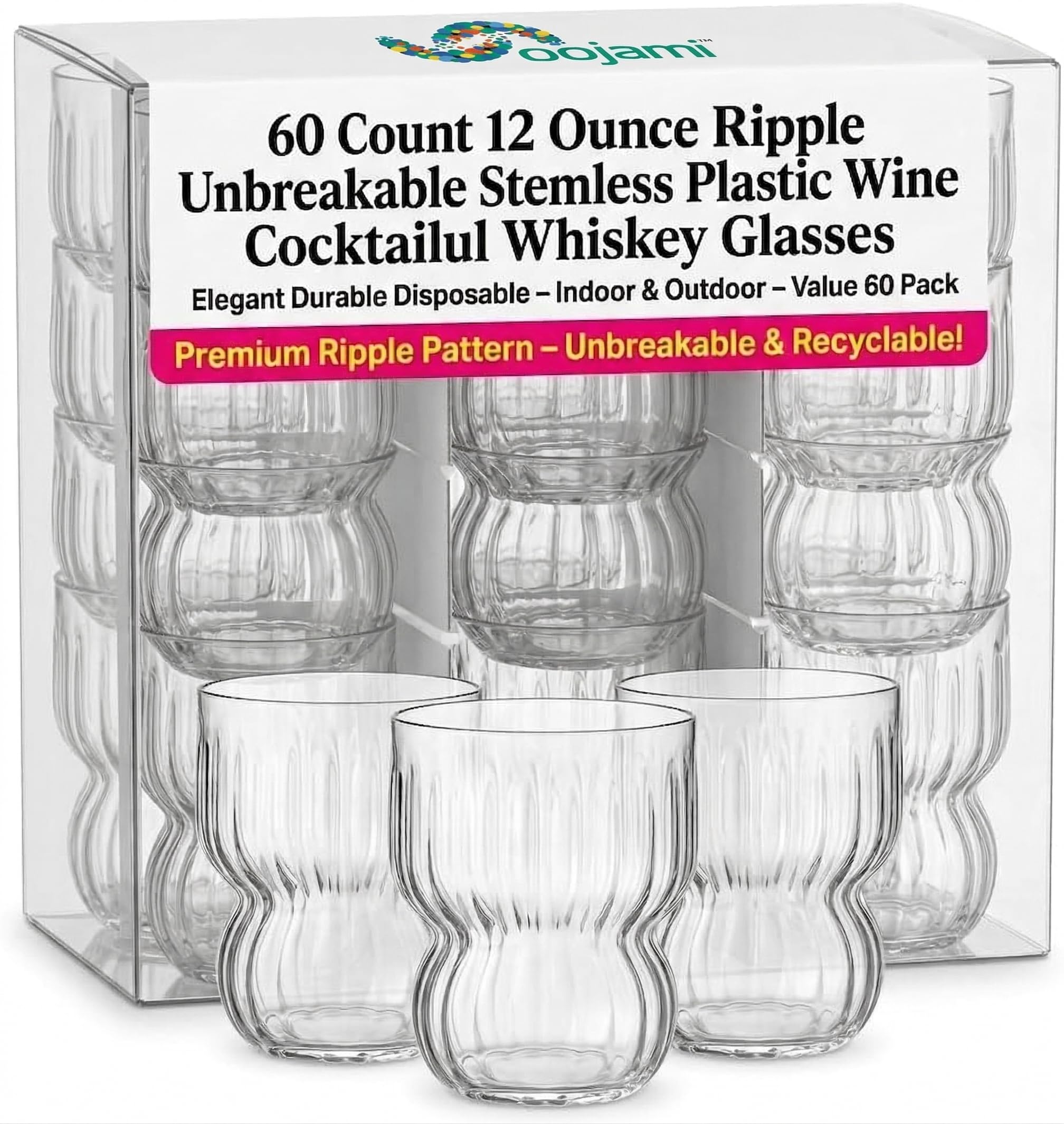 60 Count 12 Ounce ripple Unbreakable Stemless Plastic Wine Cocktail Whiskey Glasses Elegant Durable Disposable Indoor Outdoor Ideal for Home, Office, Bars, Wedding, Holiday, Celebrations, Tasting