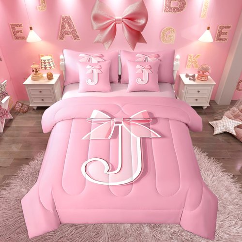 jejeloiu Pink Bowknot Bed Set, Twin Size, Decor Personalized Teen Girl Gifts Ultra Soft Initial Letter J 7 Pieces Beeding Set, Girly Romantic Bed in a Bag with Comforter, Sheets, Pillowcases