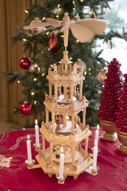 Clever Creations Beige Four-Tier Wooden Christmas Pyramid | 22-Inch Traditional Holiday Décor