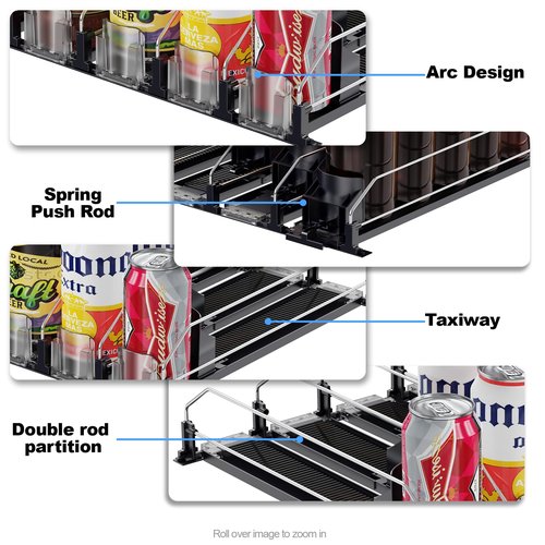 JUNMEI Drink Organizer for Mini Fridge (Fits Depth ≥ 12.2"), 12oz 16oz 20oz Soda Can Dispenser, Width Adjustable Automatic Pusher Glide, 12.2" D 4ROW Holds 16 Cans, White