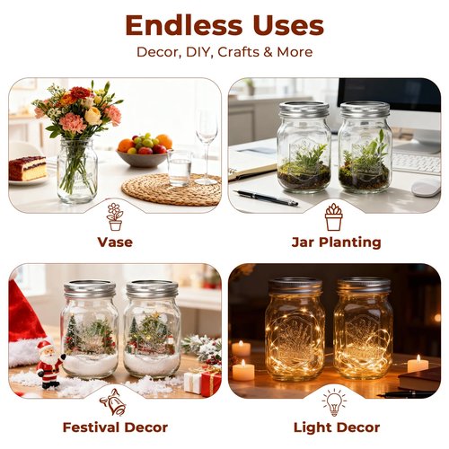 CycleMore 16oz Mason Jars, 15 Pack Embossed Glass Canning Jars with Lids and Bands, Overnight Oats Containers for Canning, Pickling, Food Storage, DIY Projects