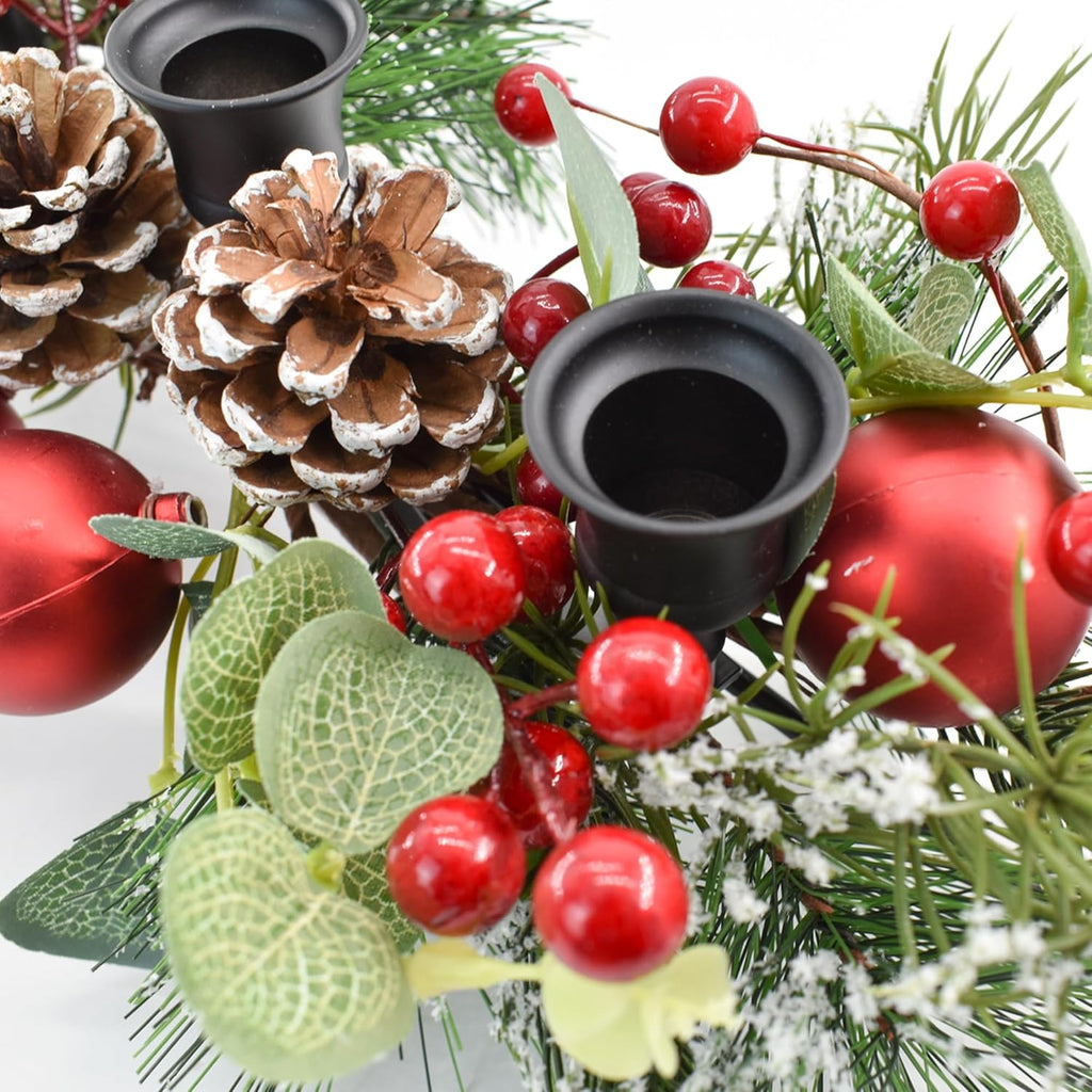 MrMrKura Christmas Tabletop Centerpiece - 3 Candle Holders with Pine Cones & Red Berries for Dining Room Decor