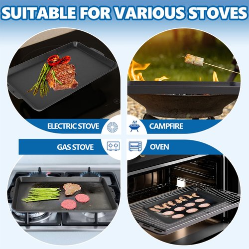 SafBbcue 19 x 11.5 Inch Cast Iron Griddle Pan for Stovetop, Oven, Grill, Campfire, Suitable for Kitchen and Outdoor Cooking, Roasting, Pan Frying, Baking