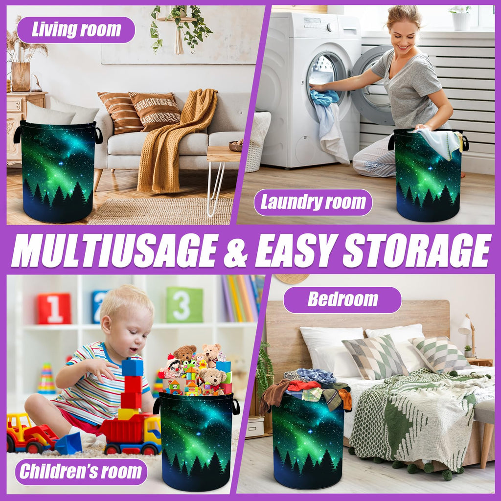 Starry Sky Forest Laundry Basket Foldable Laundry Hamper Tote Bag Storage Bucket Toy Organizer For Bathroom/Laundry/Bedroom（19.6x15.7inch）