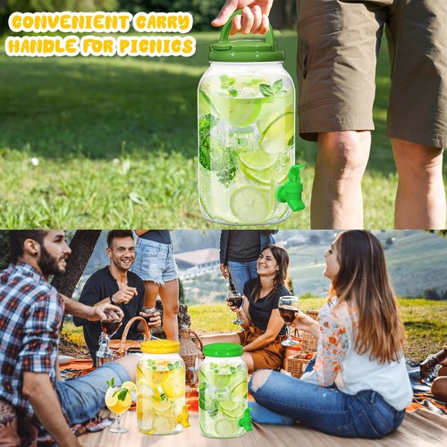 Uiifan 4 Pcs 1 Gallon Plastic Drink Dispenser for Parties Clear Plastic Beverage Dispenser Water jar with Spigot and Carrying Lid for Weddings Lemonade Juice Water Tea Beer, Yellow and Green