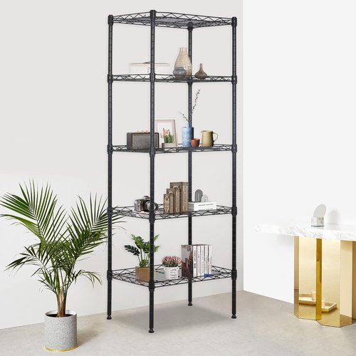 FDW Wire Shelving Unit - 5-Tier Adjustable Metal Storage Rack for Kitchen & Garage | 17"L x 12"W x 48"H, Black