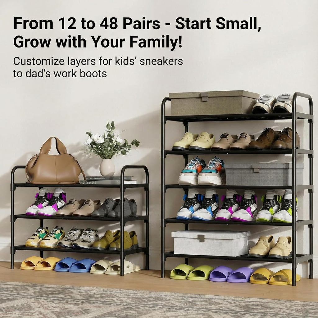 3-Tler Shoe Rack Organizer - Rustproof Iron Shoe Storage Shelf for Closet & Entryway | Fits Sneakers & Slippers, Black