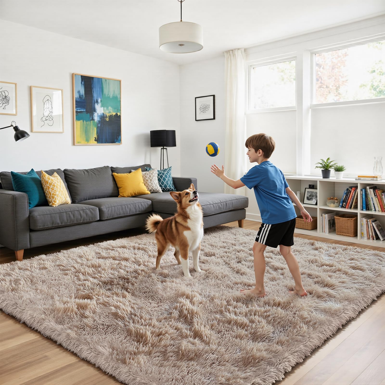 Fluffy Rug Shag Area Rug, Beige 3x5 Area Rugs for Bedroom, Small Bedside Rug, Soft Fluffy Shag Entryway Throw Rugs for Living Room Bedroom Kids Room Home Decor