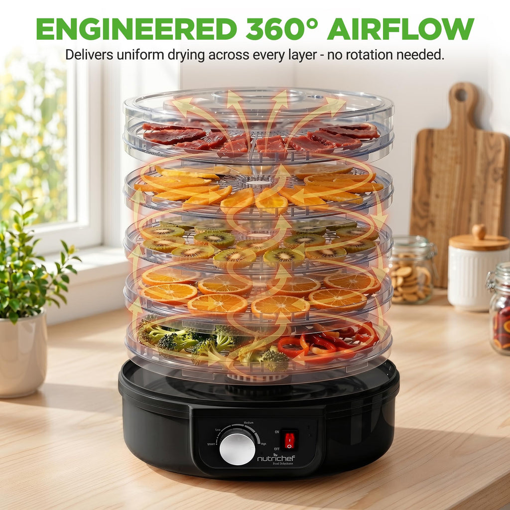 Nutrichef Electric Countertop Food Dehydrator | Professional Multi-Tier Food Preserver | Dehydrate Fish, Beef Jerky, Meats, Mushrooms, Fruits & Vegetables | 5 Stackable Trays for Easy Cleaning
