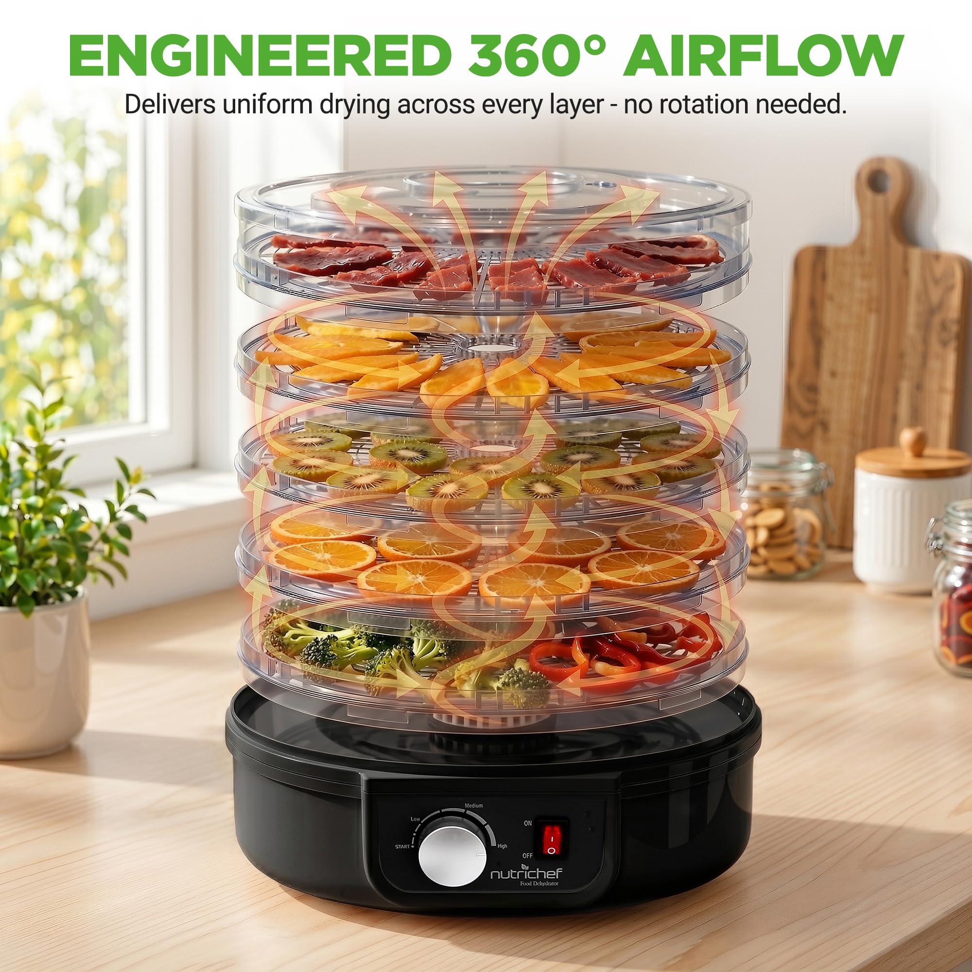 Nutrichef Electric Countertop Food Dehydrator | Professional Multi-Tier Food Preserver | Dehydrate Fish, Beef Jerky, Meats, Mushrooms, Fruits & Vegetables | 5 Stackable Trays for Easy Cleaning