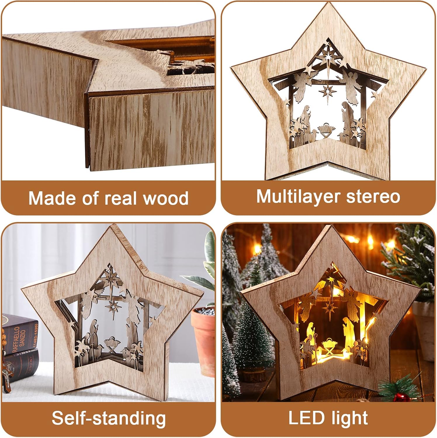 Skiennix Wooden Nativity Scene Set - Rustic Christmas Tabletop Decoration with LED Light | Indoor Decor